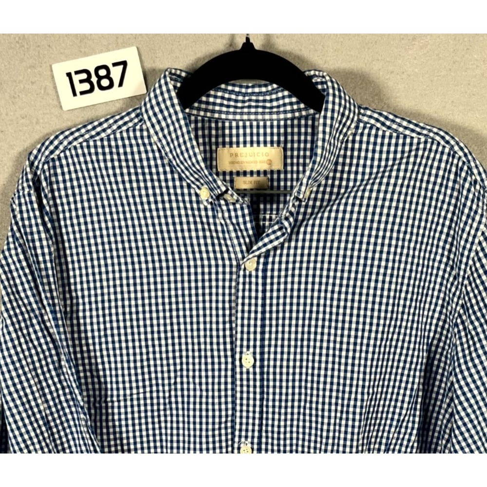 Prejuicio Shirt Men XL Blue White Gingham Check Slim Fit Long Sleeve Button Down